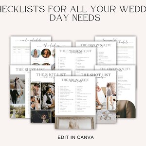 May include: A set of printable checklists for wedding day needs. The checklists include "The Shot List", "The Groom's Suite", "The Bridal Suite", "The Emergency Kit", "The Ladies", and "Vendor Schedule".