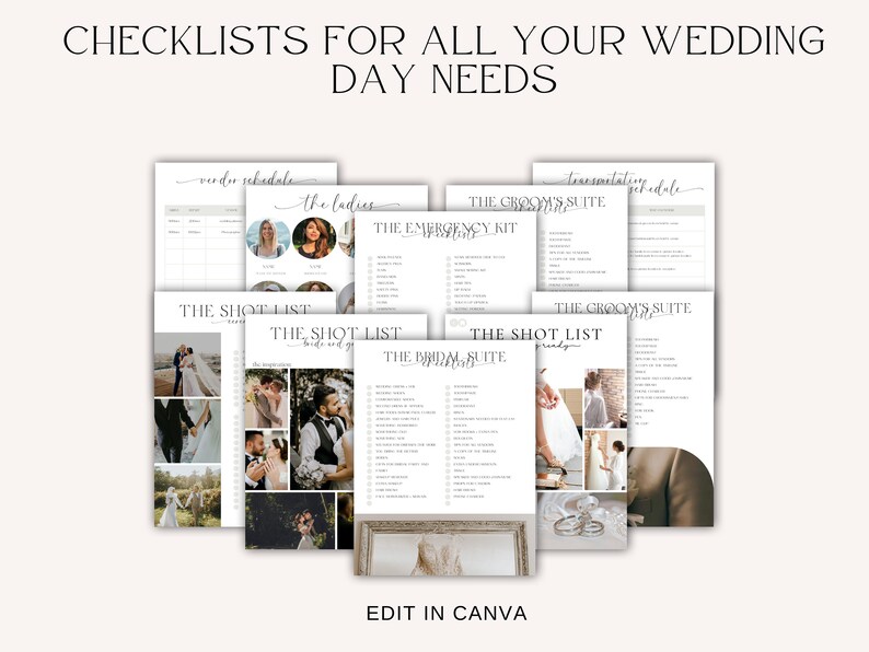 May include: A set of printable checklists for wedding day needs. The checklists include "The Shot List", "The Groom's Suite", "The Bridal Suite", "The Emergency Kit", "The Ladies", and "Vendor Schedule".