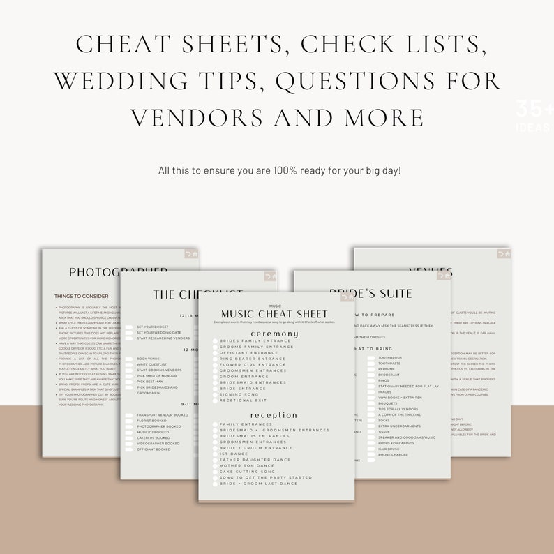 May include: A set of printable wedding planning checklists and cheat sheets. The checklists include sections for photography, the ceremony, the reception, the bride's suite, and the venue. The checklists are in a minimalist style with a light brown background and black text.