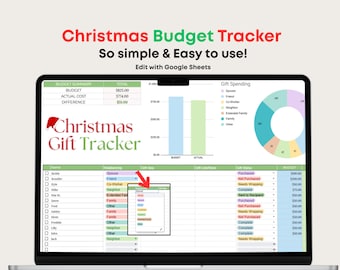 Weihnachtsgeschenk-Tracker Tabelle, Weihnachtsgeschenk-Planer Vorlage, Urlaubskarten-Tracker, Google Sheets, Für Geschenke Budgetplaner