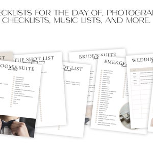 May include: A set of printable checklists for a wedding day. The checklists include "Groom's Suite", "Bride's Suite", "Emergence", "Wedding Party", and "Bride".