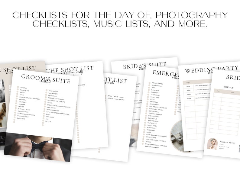 May include: A set of printable checklists for a wedding day. The checklists include "Groom's Suite", "Bride's Suite", "Emergence", "Wedding Party", and "Bride".