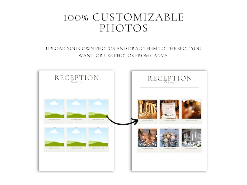 May include: Two pages of a wedding reception decor template. The left page shows six empty photo frames with a green and blue landscape. The right page shows six photos of wedding reception decor, including a sign that says "estable", a love sign, and a bouquet of flowers.