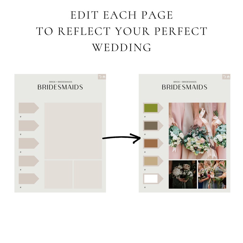 May include: A printable wedding planning template with a color palette and photos of bridesmaids in different dresses. The template includes a section for bridesmaids' names and a section for color swatches.