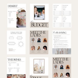 May include: A printable bridal shower planning guide with a beige and brown color scheme. The guide includes sections for the budget, planning, drinks, dessert, seating chart, and a meet the ladies section with photos of the bridal party.