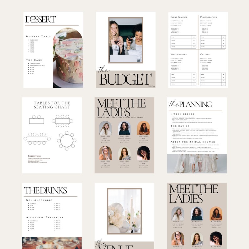 May include: A printable bridal shower planning guide with a beige and brown color scheme. The guide includes sections for the budget, planning, drinks, dessert, seating chart, and a meet the ladies section with photos of the bridal party.