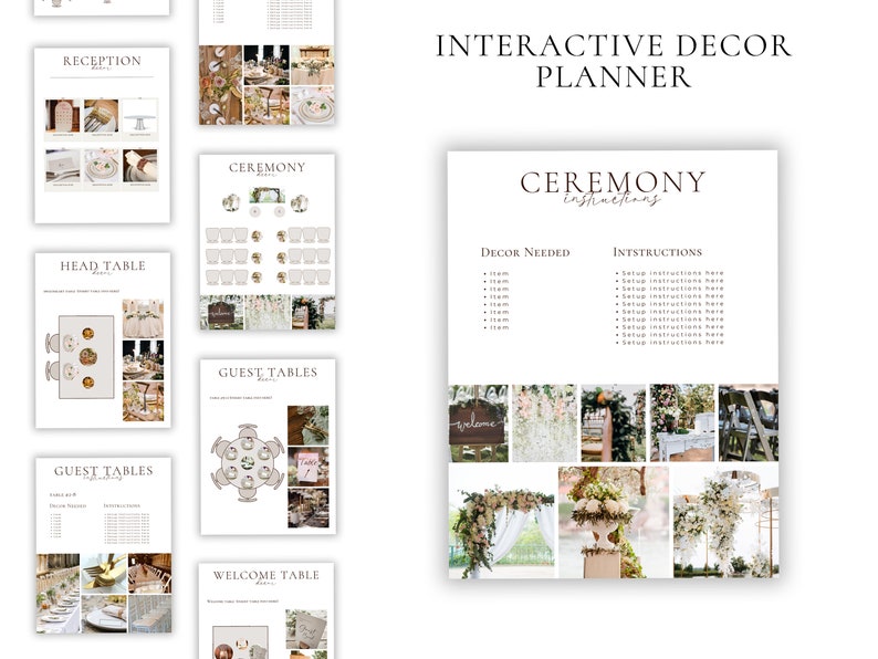 May include: A printable wedding decor planner with instructions for setting up a ceremony. The planner includes a list of decor needed and setup instructions for each item. The planner also includes photos of different wedding decor ideas.