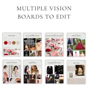May include: A set of eight vision boards for planning a quincea&ntilde;era. The boards include inspiration for the theme, accessories, reception decor, dress, makeup, hair, chambelane, and cake.