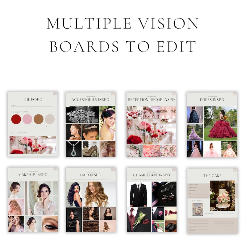 May include: A set of eight vision boards for planning a quincea&ntilde;era. The boards include inspiration for the theme, accessories, reception decor, dress, makeup, hair, chambelane, and cake.