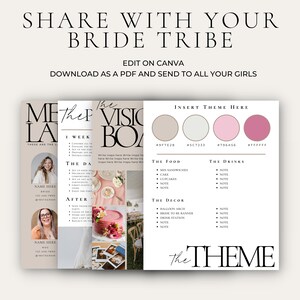 May include: A printable wedding planning checklist with a pink, white, and brown color scheme. The checklist includes sections for the week before the wedding, the day of the wedding, and after the wedding. It also includes a section for the wedding vision board, food, drinks, and decor. The text "Insert Theme Here" is at the top of the page.