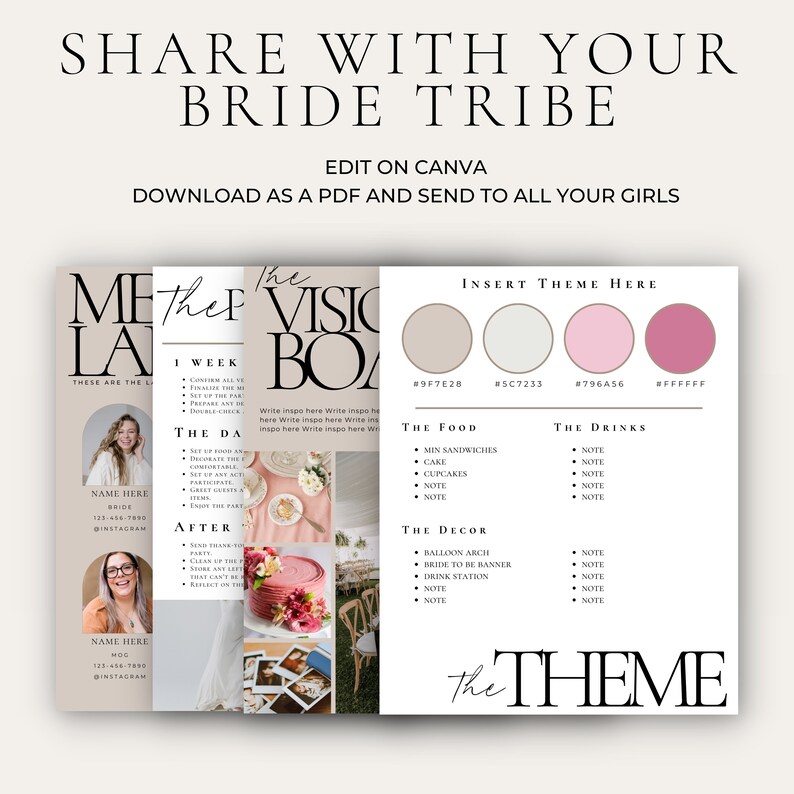 May include: A printable wedding planning checklist with a pink, white, and brown color scheme. The checklist includes sections for the week before the wedding, the day of the wedding, and after the wedding. It also includes a section for the wedding vision board, food, drinks, and decor. The text "Insert Theme Here" is at the top of the page.