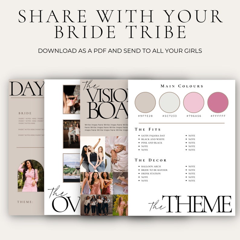 May include: A printable vision board template for a bridal party. The template includes sections for the bride's name, the theme, the fits, the decor, and the main colors. The vision board is decorated with photos of a bridal party.