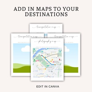 May include: Three printable maps with a light blue background and green hills at the bottom. The maps are labeled "transportation map" and "photography map". The text "EDIT IN CANVA" is at the bottom of the image.
