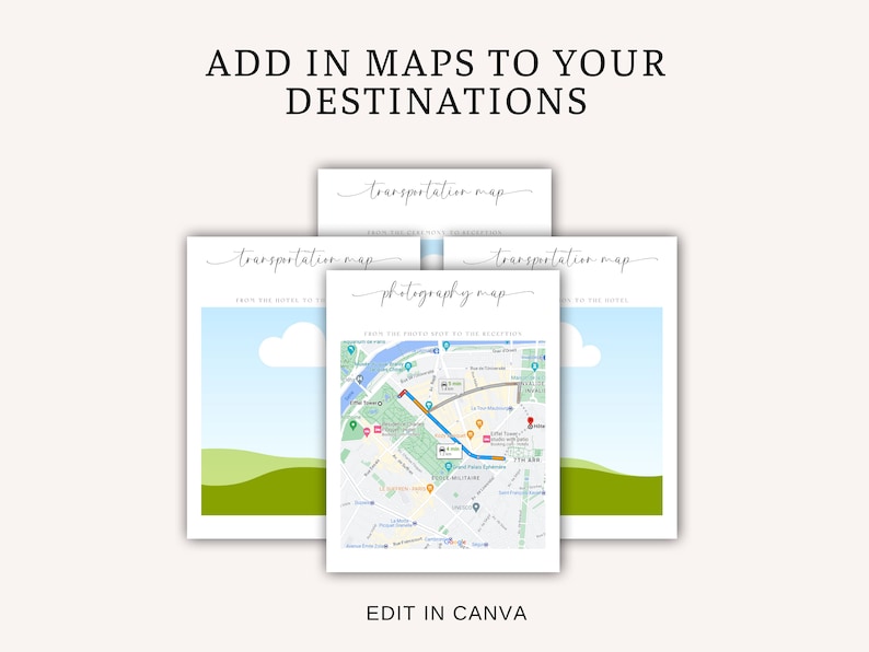 May include: Three printable maps with a light blue background and green hills at the bottom. The maps are labeled "transportation map" and "photography map". The text "EDIT IN CANVA" is at the bottom of the image.