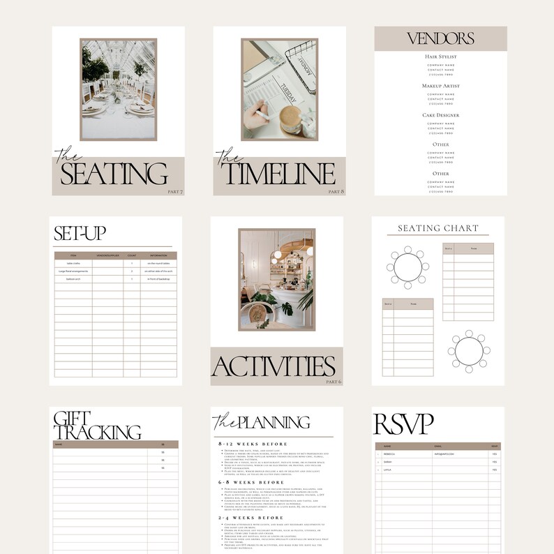 May include: A printable wedding planning checklist with sections for seating chart, timeline, vendors, activities, gift tracking, RSVP, and the planning. The checklist is designed with a minimalist aesthetic using a neutral color palette of beige and brown.