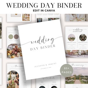 May include: A white wedding day binder with a calligraphy script title "wedding day binder" and the names Jennifer & Jeremy. The binder has 85+ pages and includes sections for the reception, vendors, the menu, and signature drinks. The cover features a floral design with a rustic aesthetic.