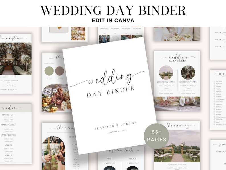 May include: A white wedding day binder with a calligraphy script title "wedding day binder" and the names Jennifer & Jeremy. The binder has 85+ pages and includes sections for the reception, vendors, the menu, and signature drinks. The cover features a floral design with a rustic aesthetic.