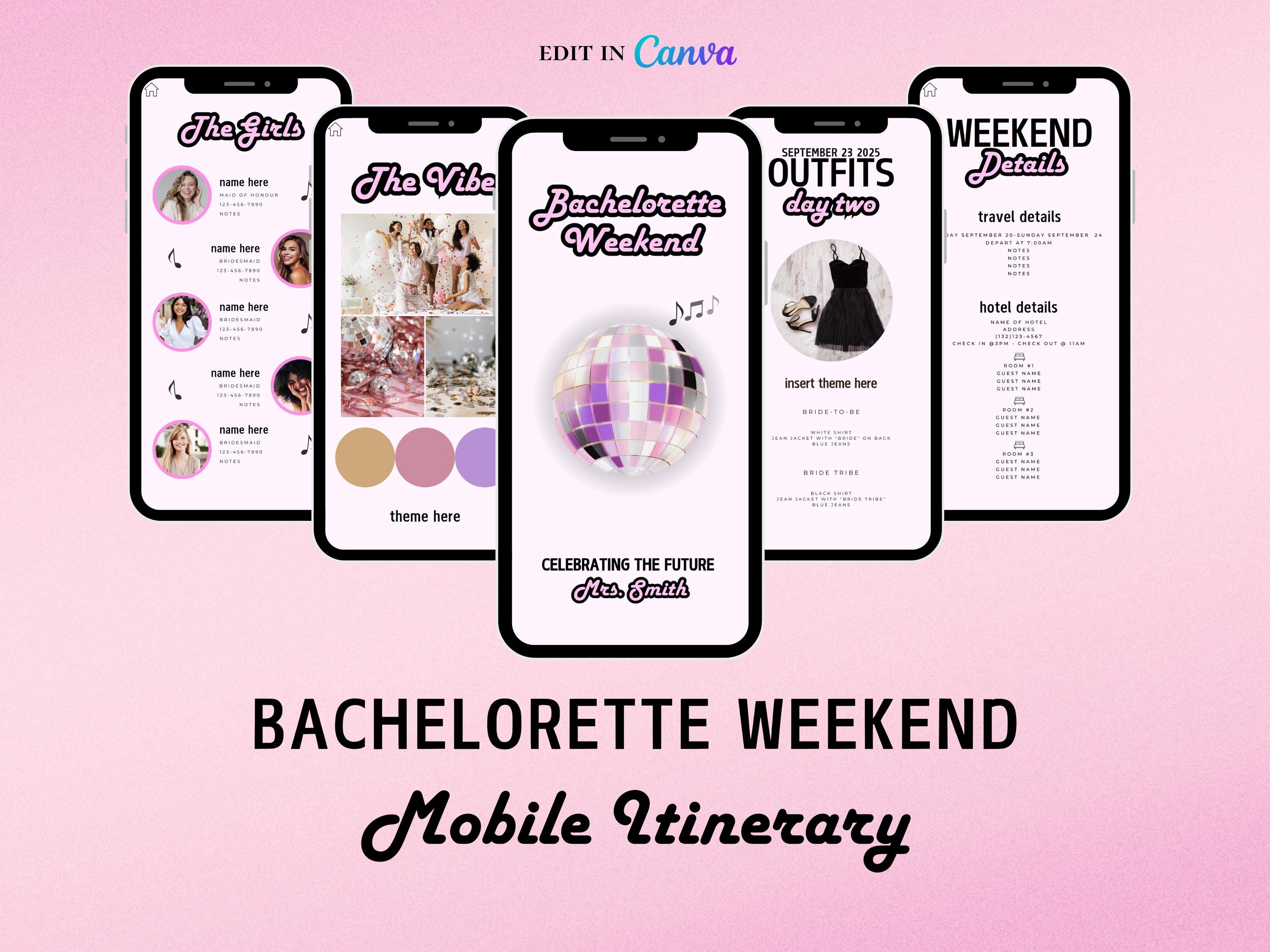 Bachelorette Itinerary Template For Mobile, Weekend Itinerary, Digital Invitation, Bachelorette Weekend, Itinerary Planner Template, Canva