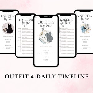 May include: A printable wedding outfit and daily timeline planner with a black and white design. The planner includes a section for outfits and a section for a daily timeline. The planner is designed to help brides plan their wedding day outfits and schedule.