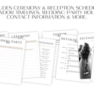 May include: A set of printable wedding planning checklists and schedules. The checklists include sections for wedding music, ceremony, wedding party, entrances, vendor details, a detailed timeline, a recession schedule, and event photos.