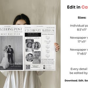 Pu&ograve; includere: Un annuncio di matrimonio in bianco e nero in stile giornale. Il titolo principale &egrave; "The Wedding Post: The Best Day Ever". L'annuncio include i nomi "Jane & Stephen" e un programma di nozze.
