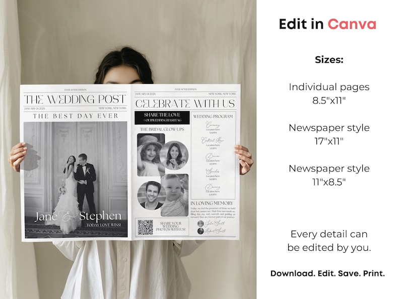 Pu&ograve; includere: Un annuncio di matrimonio in bianco e nero in stile giornale. Il titolo principale &egrave; "The Wedding Post: The Best Day Ever". L'annuncio include i nomi "Jane & Stephen" e un programma di nozze.