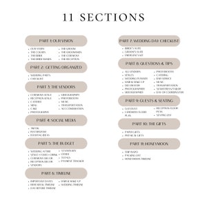 May include: A checklist for wedding planning with 11 sections, including our vision, getting organized, the vendors, social media, the budget, timeline, wedding day checklist, questions and tips, guests and seating, the gifts, and honeymoon.