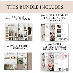 May include: A bundle of wedding planning resources, including a 160+ page wedding planner, a 40+ page bachelorette itinerary, a 25+ page wedding itinerary, and a 50+ page bridal shower planner. The text "THIS BUNDLE INCLUDES" is at the top.
