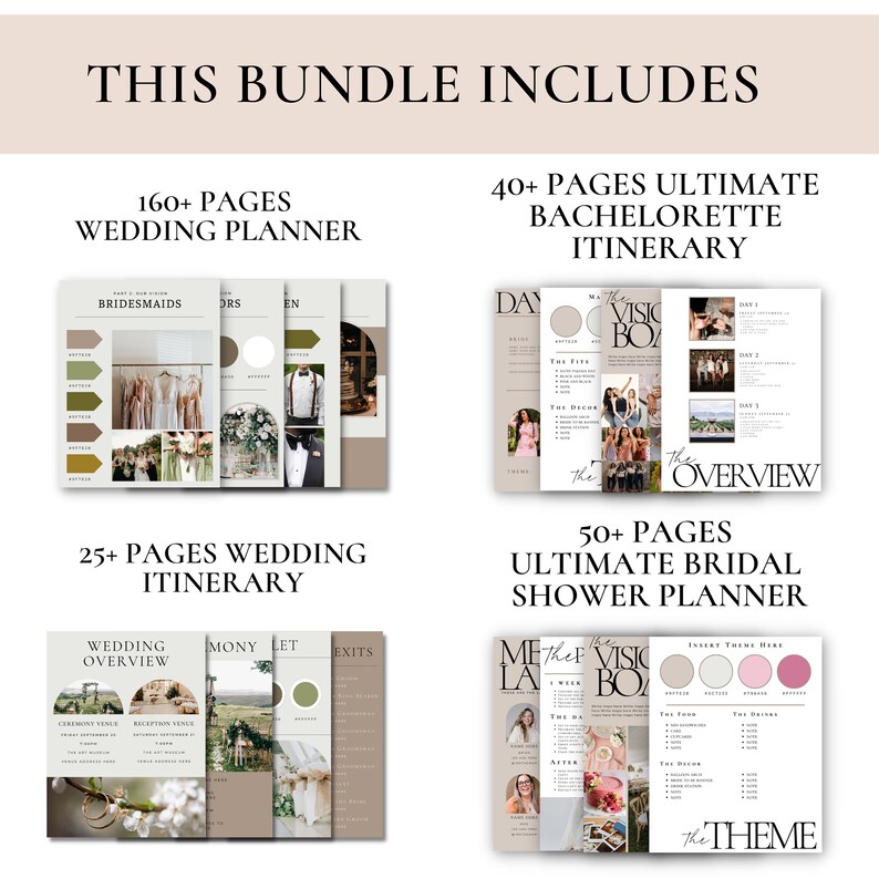May include: A bundle of wedding planning resources, including a 160+ page wedding planner, a 40+ page bachelorette itinerary, a 25+ page wedding itinerary, and a 50+ page bridal shower planner. The text "THIS BUNDLE INCLUDES" is at the top.