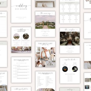 May include: A printable wedding day binder with a neutral color scheme. The binder includes pages for a wedding schedule, vendor list, detailed timeline, guest list, seating chart, shot list, and more.