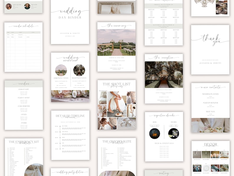 May include: A printable wedding day binder with a neutral color scheme. The binder includes pages for a wedding schedule, vendor list, detailed timeline, guest list, seating chart, shot list, and more.