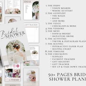 May include: A printable bridal shower planner with a gray cover and the text "Bridal Shower Planner". The cover features a photo of a bride-to-be in a white dress. The planner includes checklists, timelines, and other helpful information for planning a bridal shower.