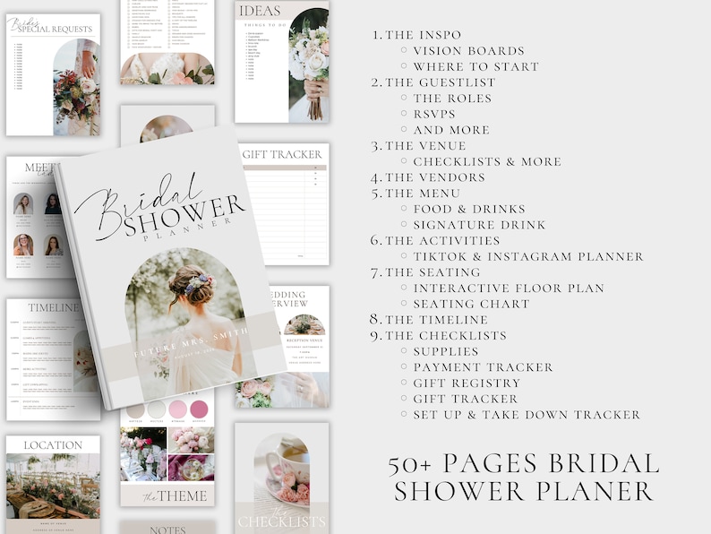 May include: A printable bridal shower planner with a gray cover and the text "Bridal Shower Planner". The cover features a photo of a bride-to-be in a white dress. The planner includes checklists, timelines, and other helpful information for planning a bridal shower.