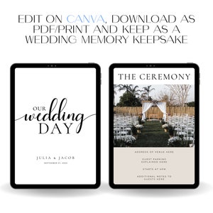 May include: A digital template for a wedding ceremony program. The template features a black and white image of a wedding ceremony arch with white chairs in the background. The text "THE CEREMONY" is at the top of the page. The text "ADDRESS OF VENUE HERE", "GUEST PARKING EXPLAINED HERE", "STARTS AT 4PM", and "ADDITIONAL NOTES TO GUESTS HERE" is below the image.