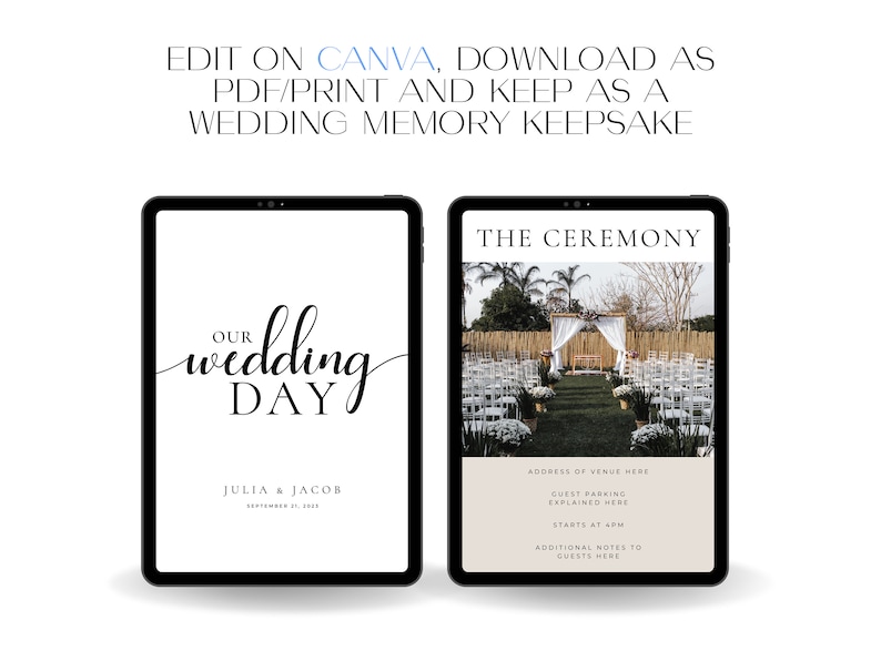 May include: A digital template for a wedding ceremony program. The template features a black and white image of a wedding ceremony arch with white chairs in the background. The text "THE CEREMONY" is at the top of the page. The text "ADDRESS OF VENUE HERE", "GUEST PARKING EXPLAINED HERE", "STARTS AT 4PM", and "ADDITIONAL NOTES TO GUESTS HERE" is below the image.