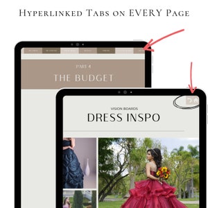 May include: Two tablet screens showing a website with tabs for different sections. The first screen shows the "The Budget" section, and the second screen shows the "Dress Inspo" section with vision boards of dresses.