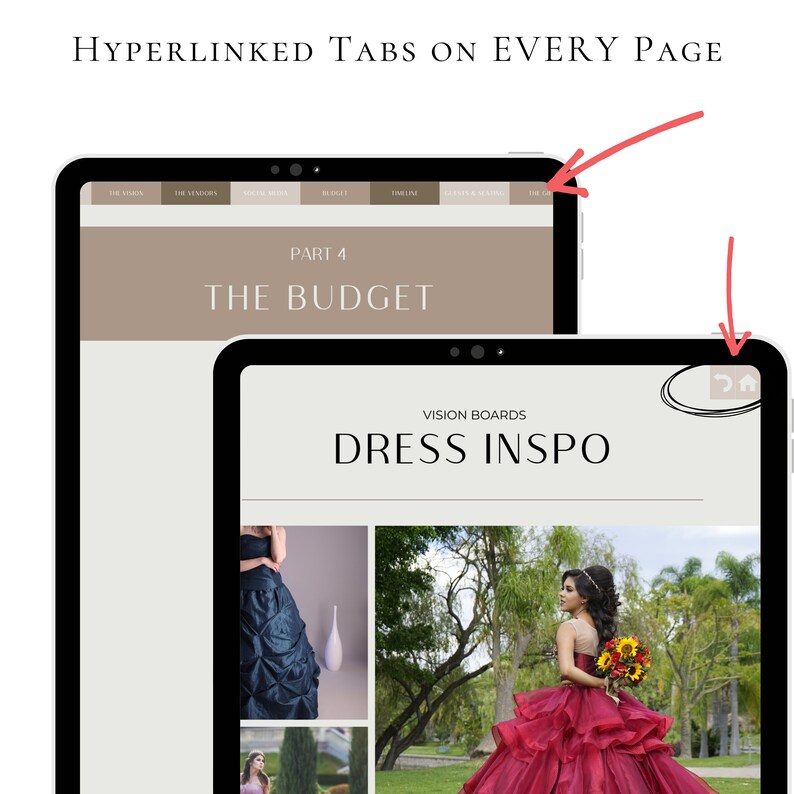 May include: Two tablet screens showing a website with tabs for different sections. The first screen shows the "The Budget" section, and the second screen shows the "Dress Inspo" section with vision boards of dresses.