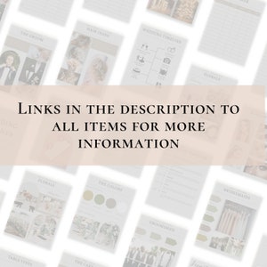 May include: A collection of wedding planning guides and checklists, including sections for the groom, hair inspiration, wedding timeline, florals, and bridesmaids. The image includes the text: "LINKS IN THE DESCRIPTION TO ALL ITEMS FOR MORE INFORMATION."