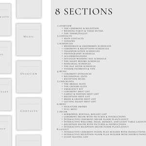 May include: A wedding planning checklist with 8 sections: Overview, Contacts, Schedules, Music, Layout, Menu, Checklists, and Decor. The checklist includes items such as the ceremony and reception, wedding party duties, transportation schedules, photography schedule, vendor payments, and more.