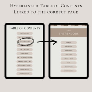 May include: A table of contents for a wedding planning guide with hyperlinks to different sections. The sections include "Our Vision", "Getting Organized", "The Vendors", "The Budget", "Timeline", "Wedding Day Checklist", "Questions & Tips", "Guests & Seating", "The Gifts", and "Honeymoon".