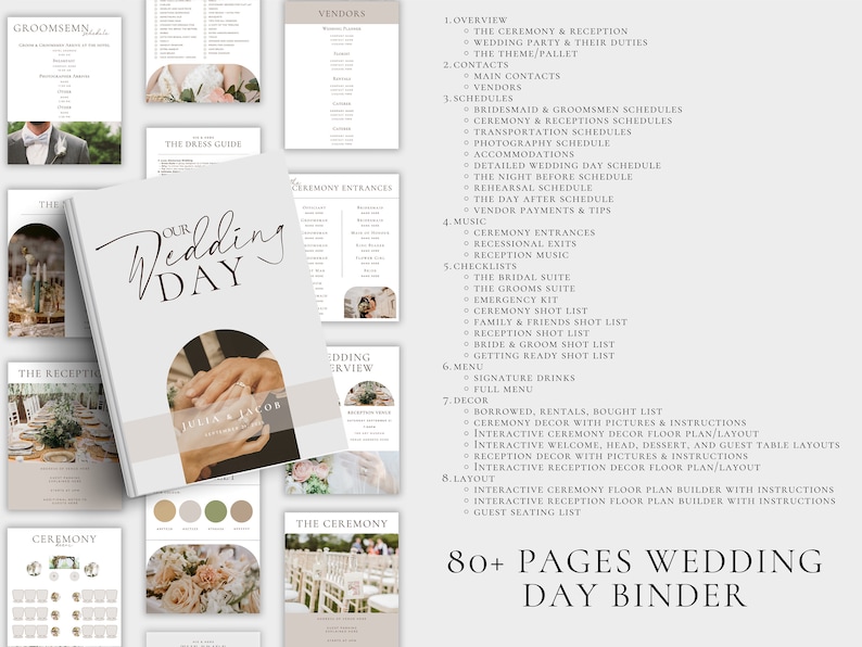 K&ouml;nnte beinhalten: Ein Hochzeitstag-Ordner mit &uuml;ber 80 Seiten, mit einem wei&szlig;en Cover mit dem Text "Our Wedding Day" und einem Foto von den H&auml;nden eines Paares. Der Ordner enth&auml;lt Abschnitte f&uuml;r die Zeremonie, den Empfang, die Anbieter, die Zeitpl&auml;ne, die Checklisten und mehr.