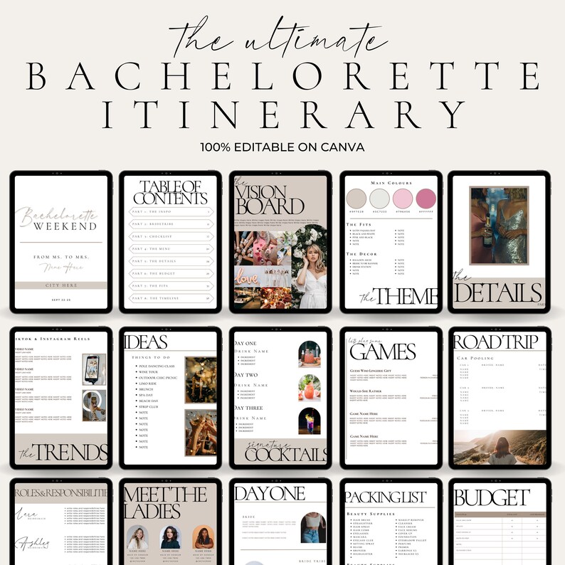 May include: A digital bachelorette itinerary template, featuring multiple screens with headings like "Bachelorette Weekend", "Table of Contents", "Vision Board", "Ideas", "Games", and "Budget". The text "100% Editable on Canva" is also visible.