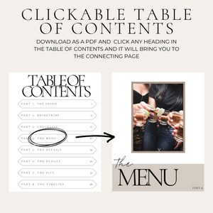 May include: A clickable table of contents for a wedding planning guide. The table of contents includes sections for the inspiration, the bride tribe, the checklist, the menu, the details, the budget, the fits, and the timeline. The image shows a close-up of the "The Menu" section, which is highlighted in a circle. The image also shows a photo of three people toasting with drinks, which is the image associated with the "The Menu" section.