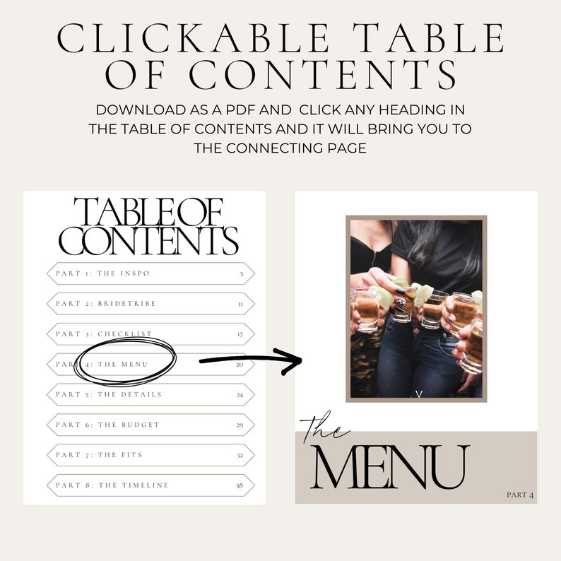 May include: A clickable table of contents for a wedding planning guide. The table of contents includes sections for the inspiration, the bride tribe, the checklist, the menu, the details, the budget, the fits, and the timeline. The image shows a close-up of the "The Menu" section, which is highlighted in a circle. The image also shows a photo of three people toasting with drinks, which is the image associated with the "The Menu" section.