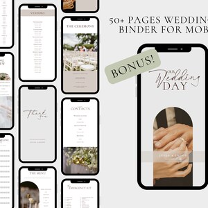 K&ouml;nnte beinhalten: Ein digitaler Hochzeitsplaner-Ordner f&uuml;r Mobiltelefone mit einem Titelbild von den H&auml;nden eines Paares mit Ringen. Der Titeltext lautet "Unser Hochzeitstag" mit den Namen des Paares darunter. Der Ordner enth&auml;lt Seiten f&uuml;r Anbieter, die Zeremonie, Kontakte, einen detaillierten Zeitplan, das Men&uuml; und eine Notfallmappe.