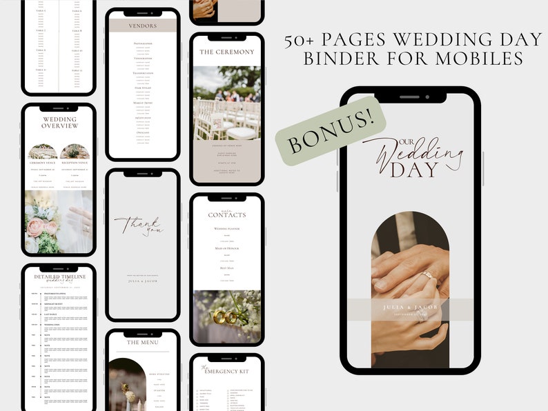 K&ouml;nnte beinhalten: Ein digitaler Hochzeitsplaner-Ordner f&uuml;r Mobiltelefone mit einem Titelbild von den H&auml;nden eines Paares mit Ringen. Der Titeltext lautet "Unser Hochzeitstag" mit den Namen des Paares darunter. Der Ordner enth&auml;lt Seiten f&uuml;r Anbieter, die Zeremonie, Kontakte, einen detaillierten Zeitplan, das Men&uuml; und eine Notfallmappe.