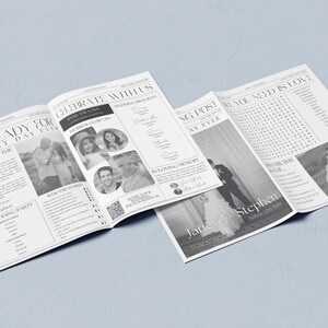Pu&ograve; includere: Un annuncio di matrimonio in stile giornale in bianco e nero con il testo "Get Ready for the Best Day Ever" e "Celebrate With Us". L'annuncio include foto della coppia e un programma di nozze.