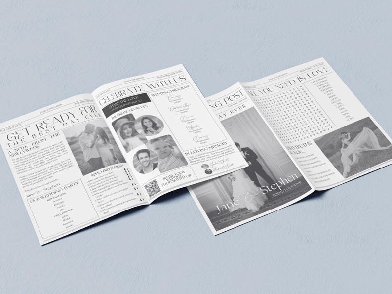 Pu&ograve; includere: Un annuncio di matrimonio in stile giornale in bianco e nero con il testo "Get Ready for the Best Day Ever" e "Celebrate With Us". L'annuncio include foto della coppia e un programma di nozze.