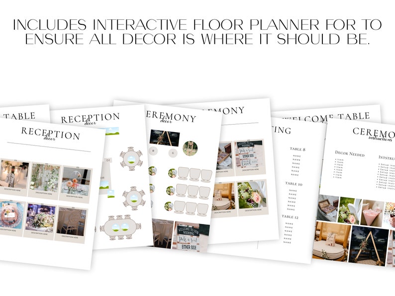 May include: A printable wedding planning checklist with sections for the ceremony, reception, and welcome table. The checklist includes a seating chart, decor list, and a list of items needed for each section.