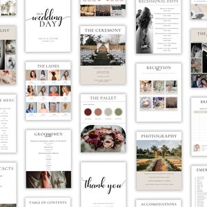 May include: A wedding planning checklist with headings for the shot list, the ceremony, the menu, main contacts, the ladies, groomsmen, the pallet, recessional exits, reception, photography, thank you, accommodations, the shot list, bridesmaid, and emergency kit.